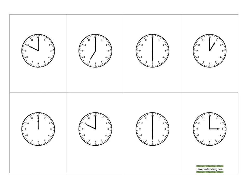 Hour clock cards: analog faces set to 10, 7, 6, 1, 12, 10, 6 and 3 o'clock; students name each o'clock time shown