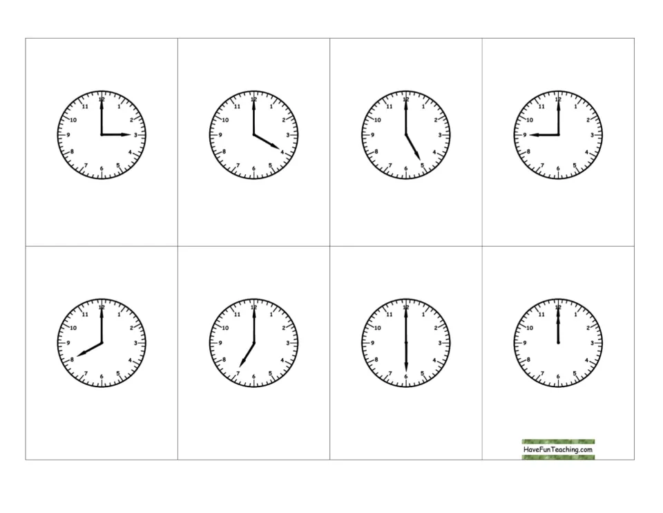O'clock card set: hour hands point to 3, 4, 5, 9, 8, 7, 6 and 12 with the minute hand at 12 for reading time to the hour