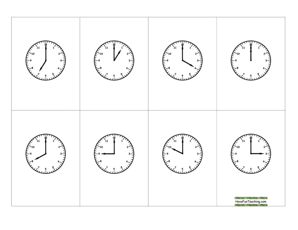 Telling time cards: analog clocks at 7, 1, 4, 12, 8, 9, 10 and 3 o'clock, with the long hand on 12, to read by the hour