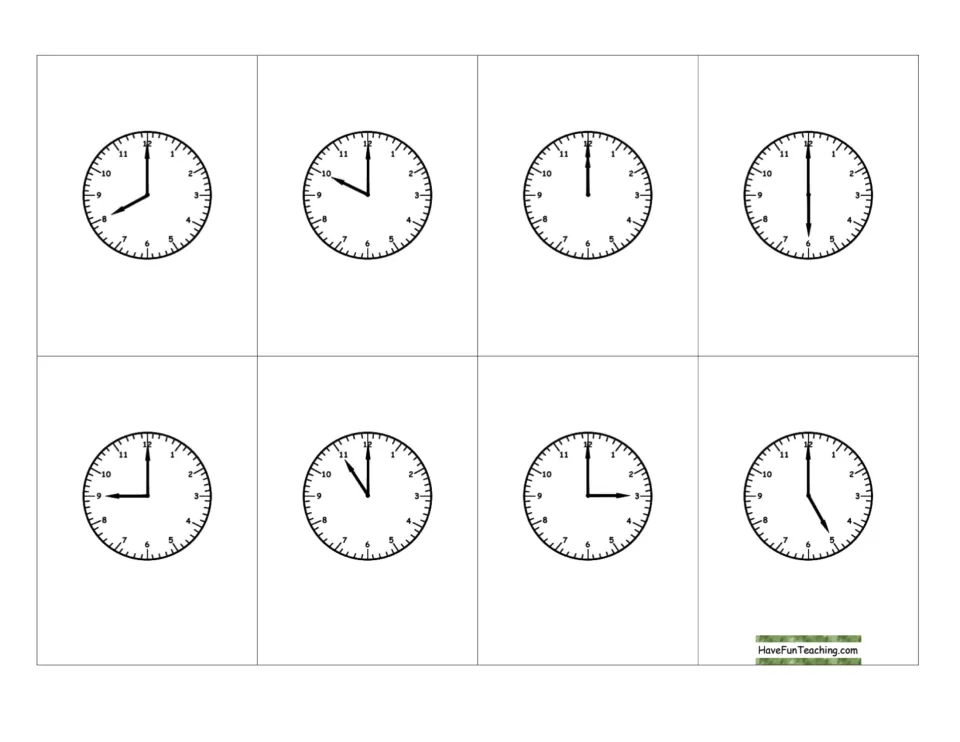 Final hour clock cards showing 8, 10, 12, 6, 9, 11, 3 and 5 o'clock; students match each analog face to its o'clock time
