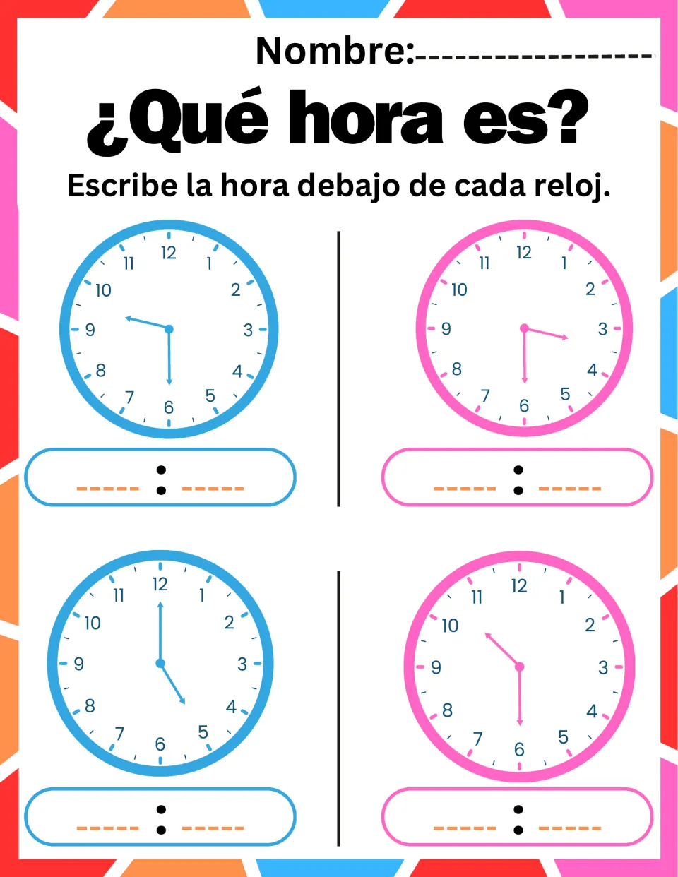 ¿Qué hora es? Reading analog clocks: students write the time under four clocks showing 9:30, 5:00 and other times