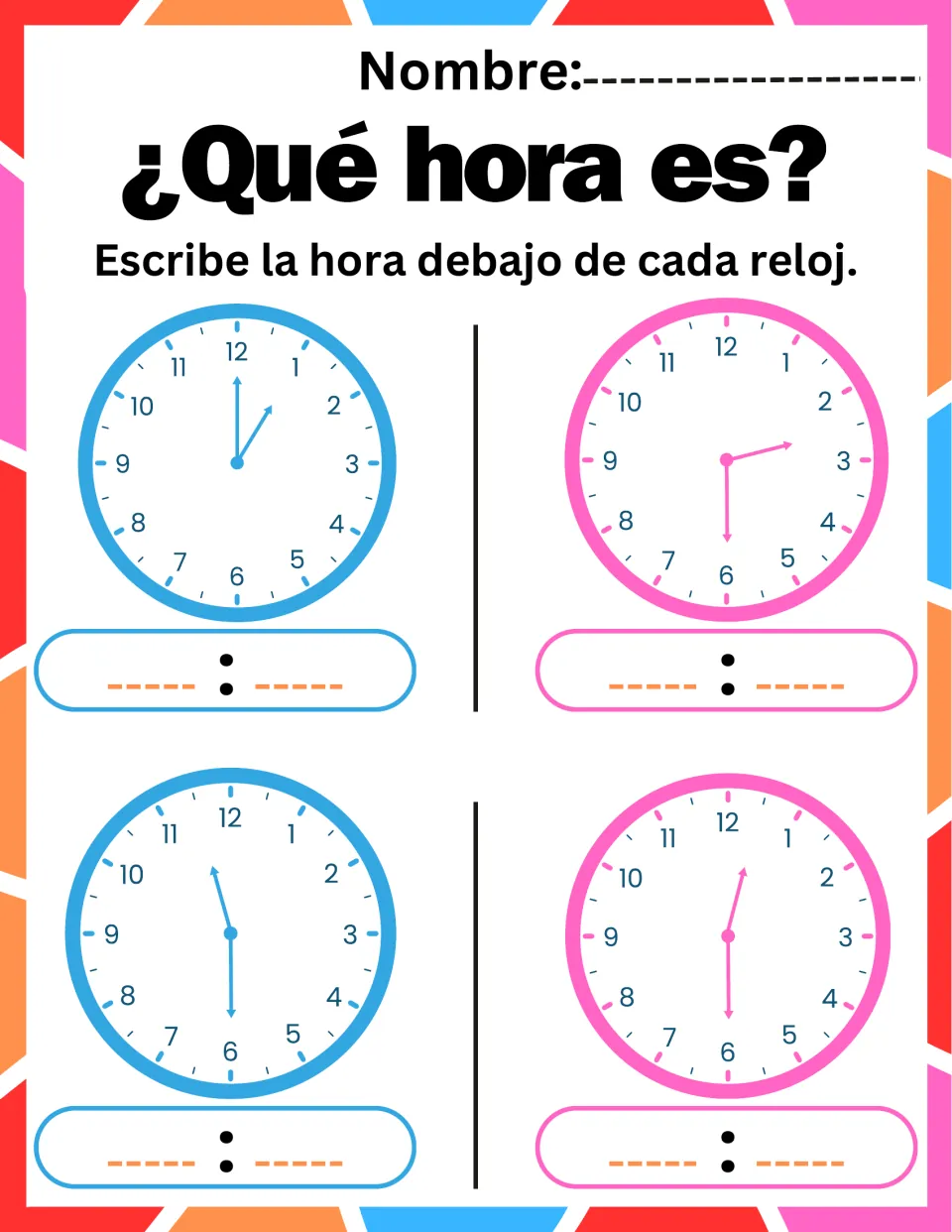 Telling time to the half hour: students read four analog clocks set to 1:00, 2:30, 11:30 and 12:30 and write each time