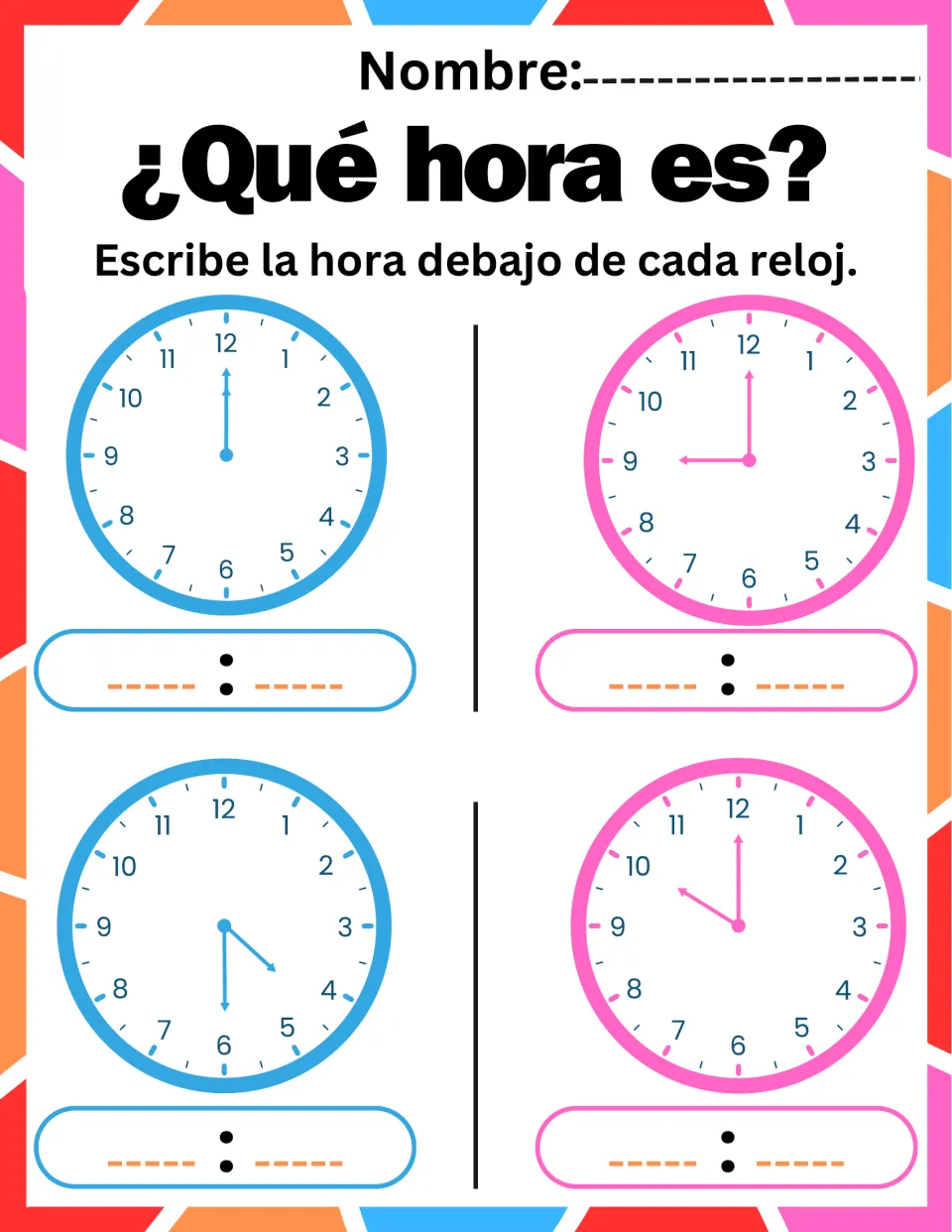 ¿Qué hora es? clock reading: students write the times shown on four analog clocks set to 12:00, 9:00, 4:30 and 10:00