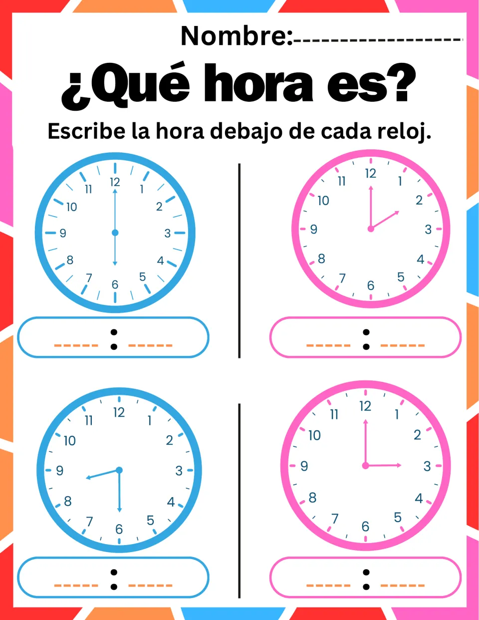 Reading clocks in Spanish: students write the digital time for analog clocks showing 6:00, 2:00, 8:30 and 3:00