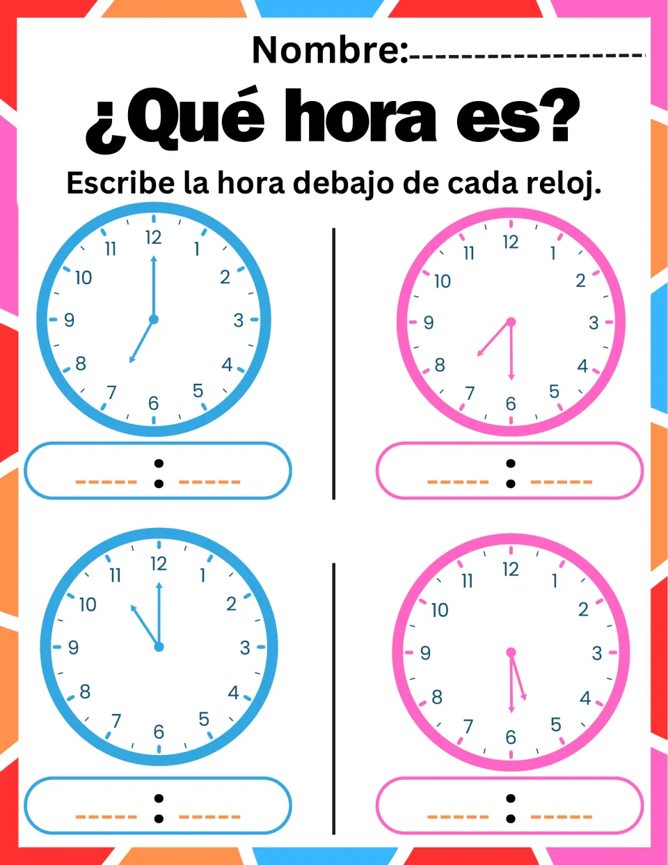 Hour and half-hour clock reading: students write the time below analog clocks set to 7:00, 7:30, 11:00 and 5:30