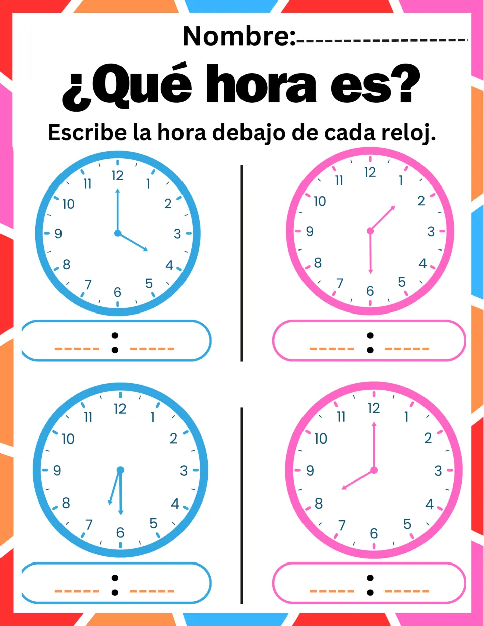 ¿Qué hora es? practice: students read four analog clocks showing 4:00, 1:30, 6:30 and 8:00 and write the matching times