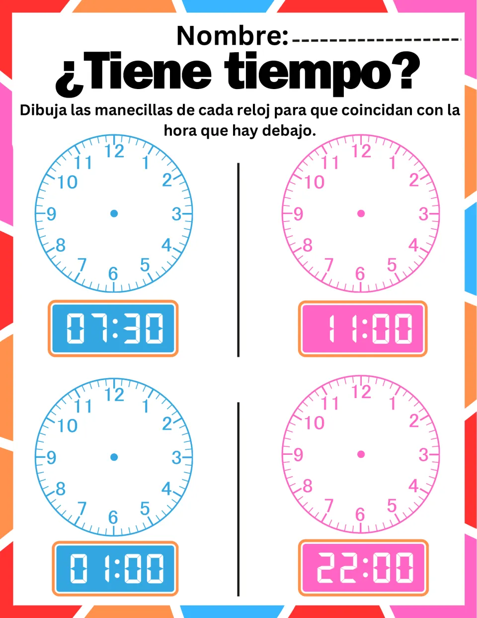 ¿Tiene tiempo? Students draw the hour and minute hands on four empty clocks to show 07:30, 11:00, 01:00 and 22:00