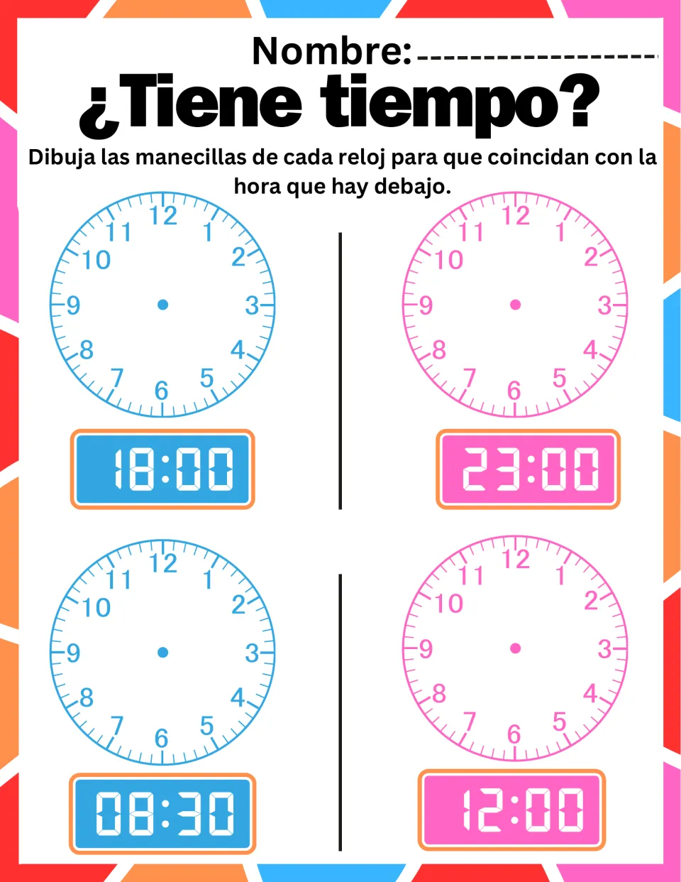 Drawing clock hands for digital times: students show 18:00, 23:00, 08:30 and 12:00 on four blank analog clock faces
