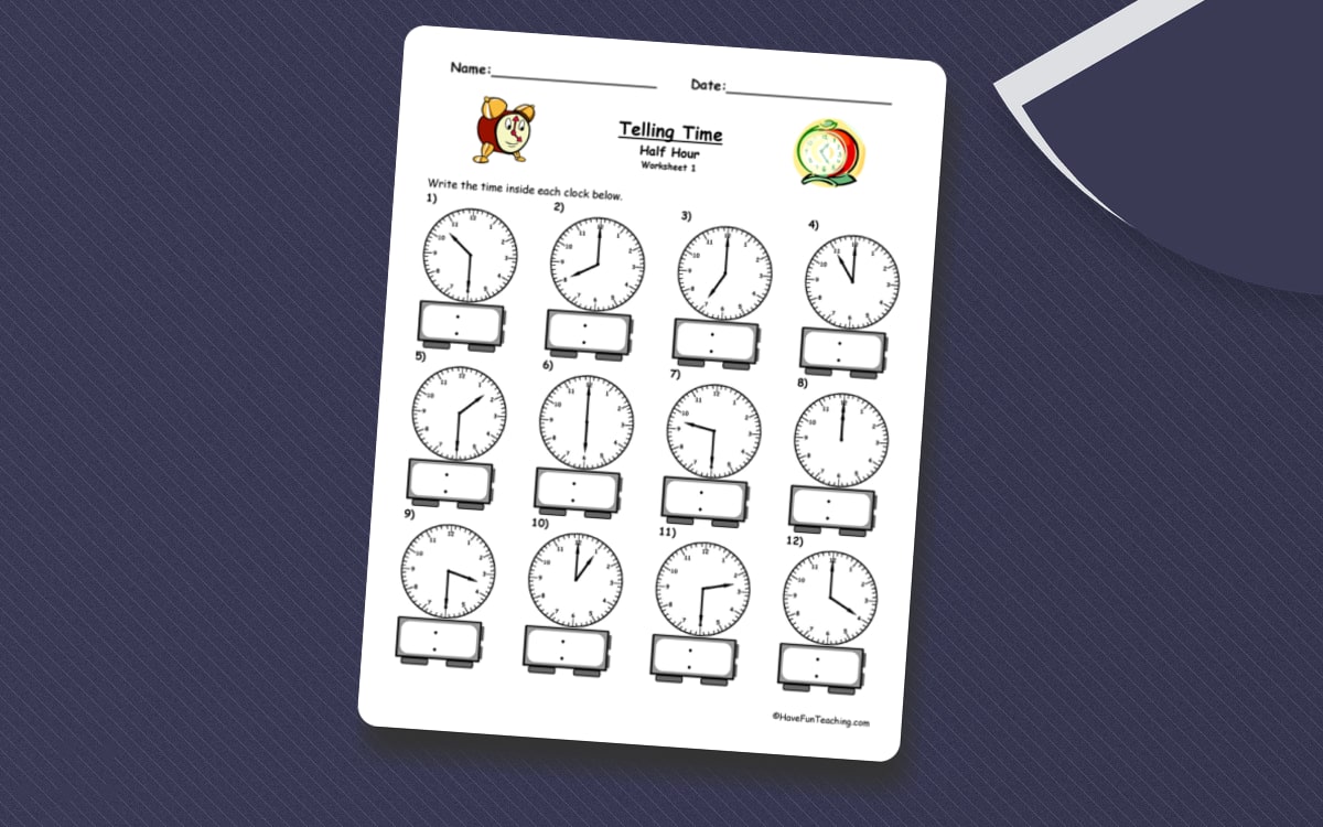 Telling Time To The Half Hour Worksheet teaching resource preview