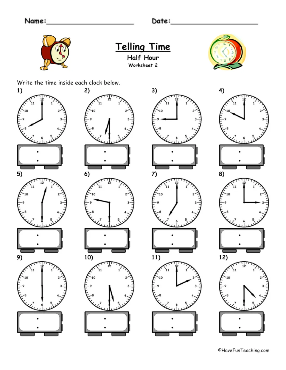 Telling Time Half Hour Worksheet 2: students read 12 clock faces showing o'clock and :30 times, then write each one