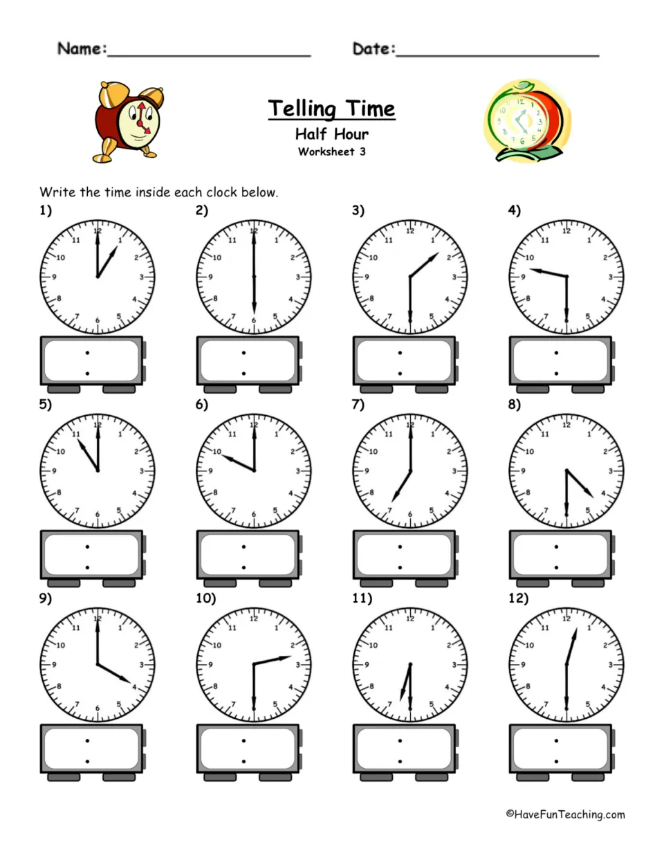 Telling Time Half Hour Worksheet 3: 12 analog clocks for reading hour and minute hands and recording the digital time