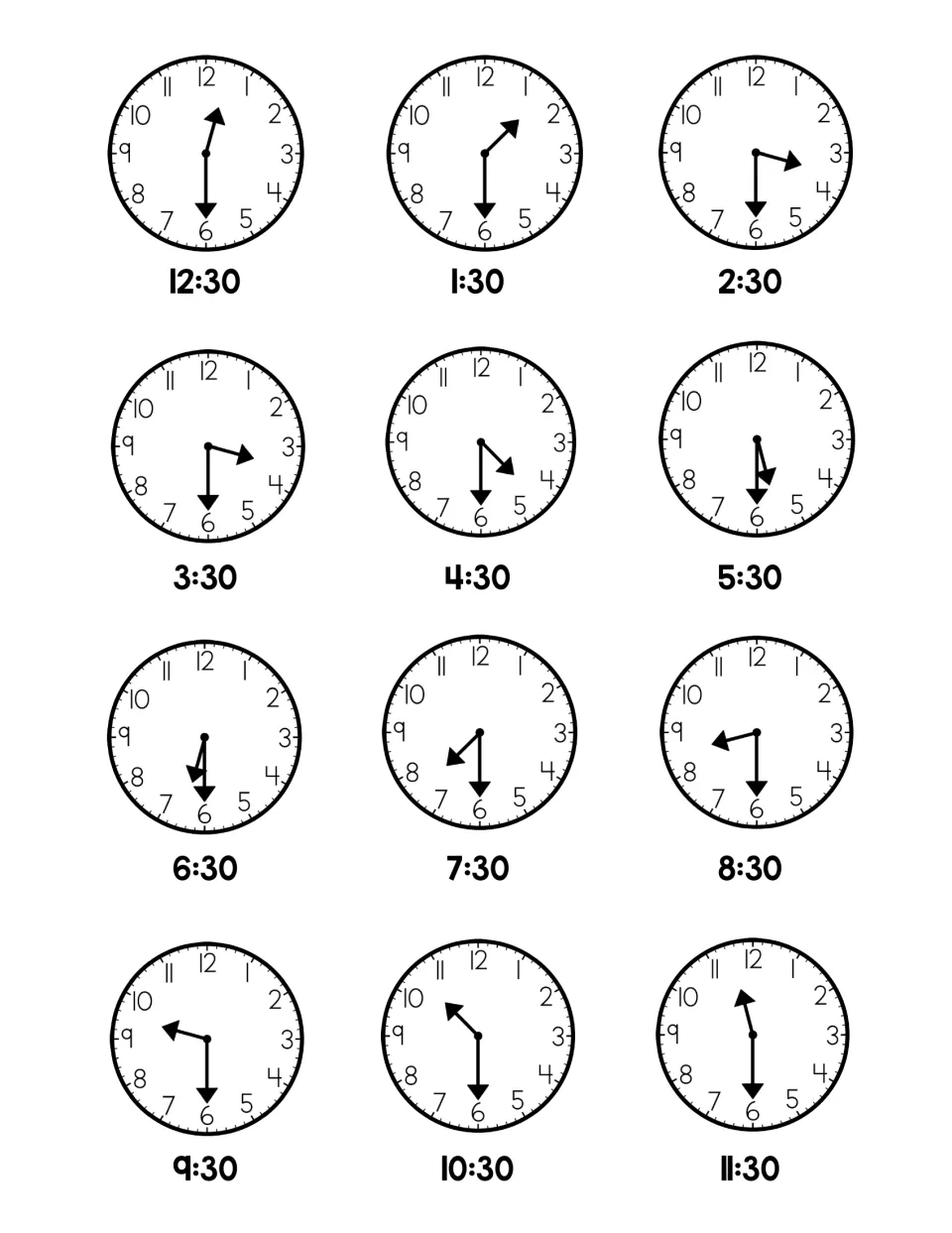 Half-hour clock chart: 12 analog clocks showing every half hour from 12:30 to 11:30, each with its digital time below