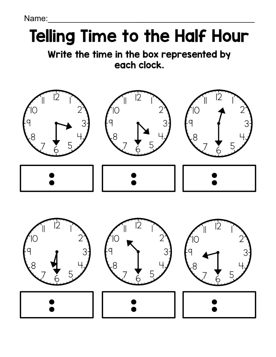 Reading clocks to the half hour: students write the time shown on six clocks, including 2:30, 4:30, 12:30 and 6:30