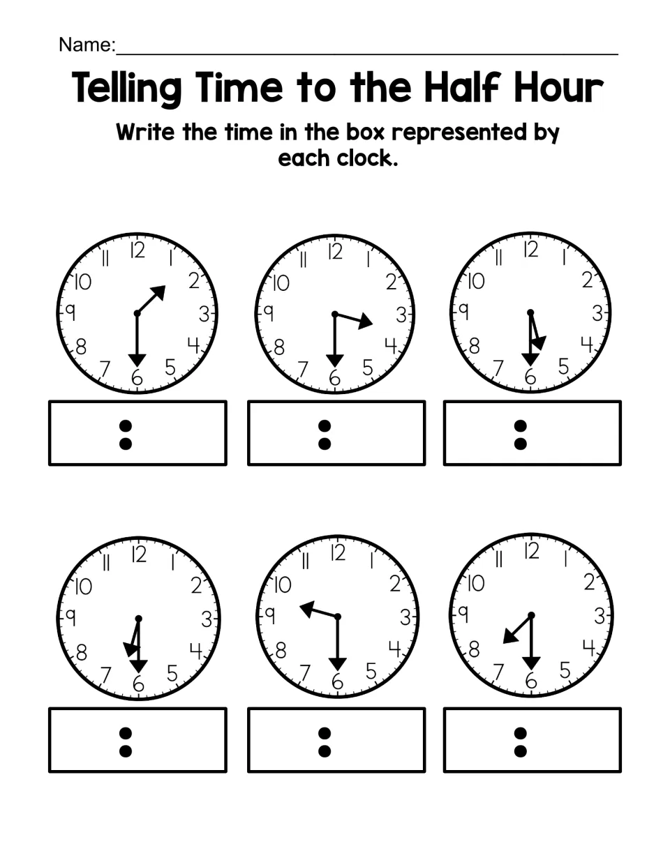 Half-hour clock reading, second set: students write the time for six new clocks showing 1:30, 2:30, 5:30, 6:30, 9:30, 7:30