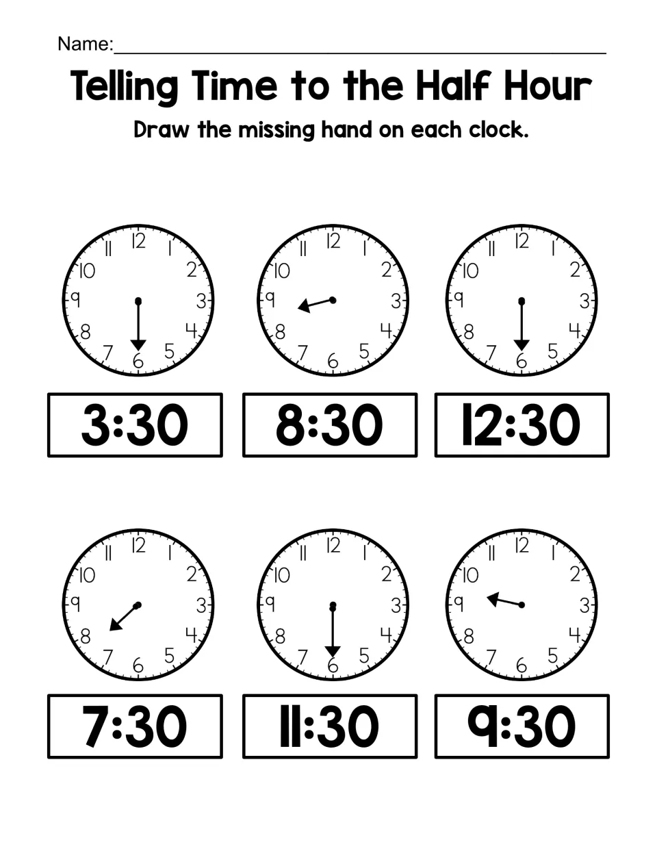 Completing half-hour clocks: students draw the missing hour or minute hand to show times such as 3:30, 8:30 and 12:30