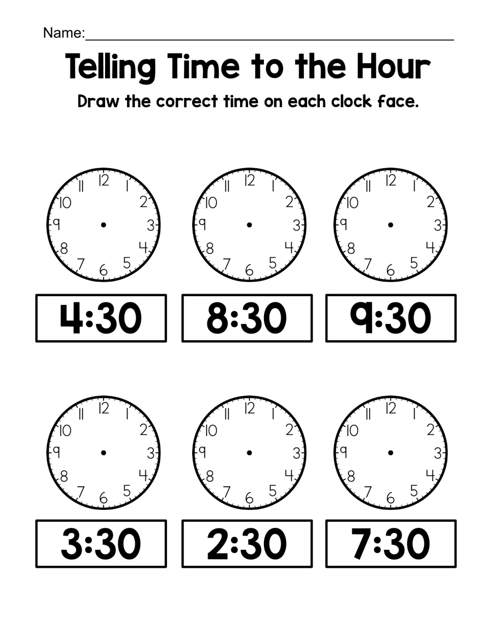 Half-hour drawing practice headed Telling Time to the Hour: students draw hands for 4:30, 8:30, 9:30, 3:30, 2:30, 7:30
