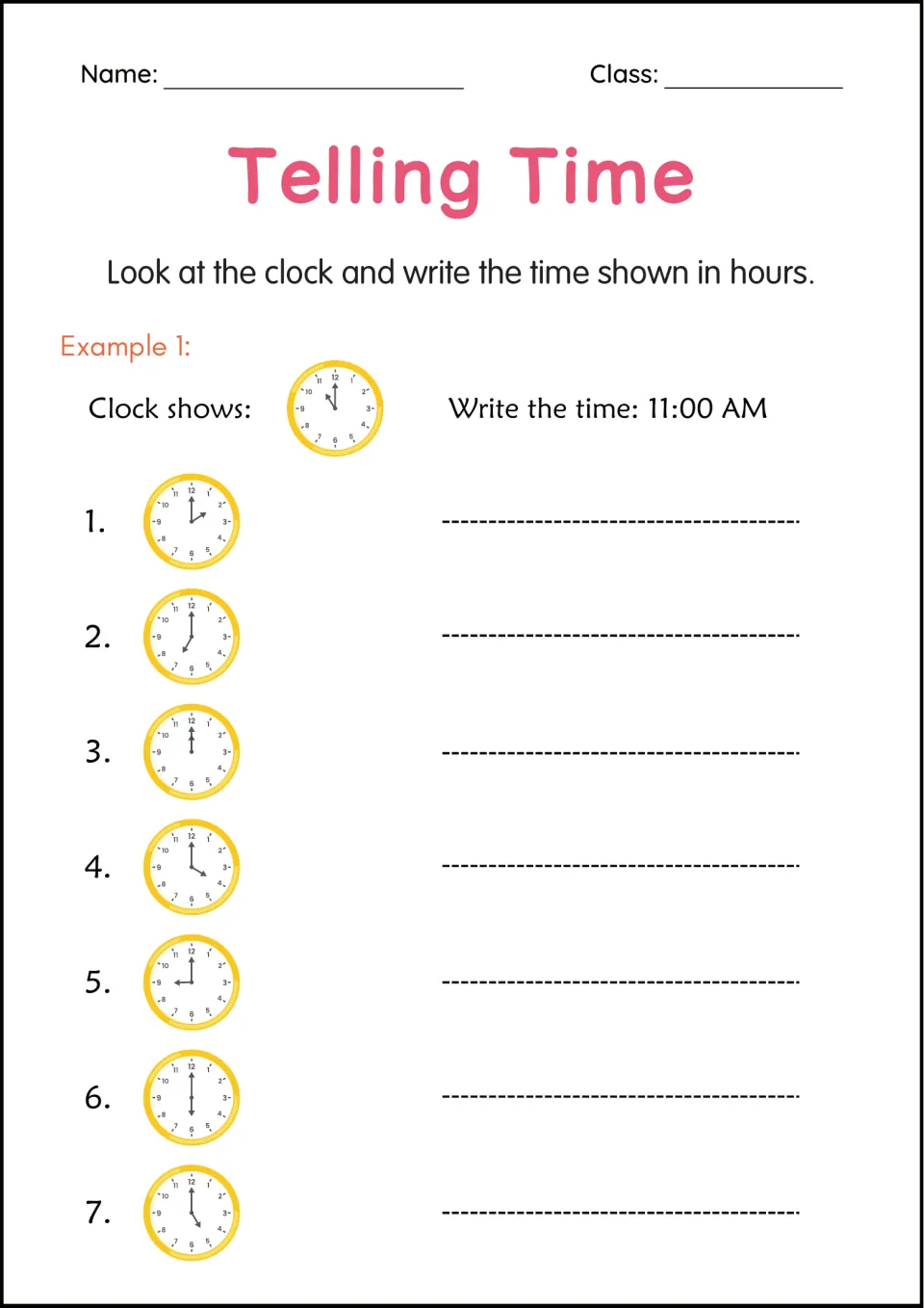 Telling time to the hour: students read 7 analog clocks and write each time, following an 11:00 AM example