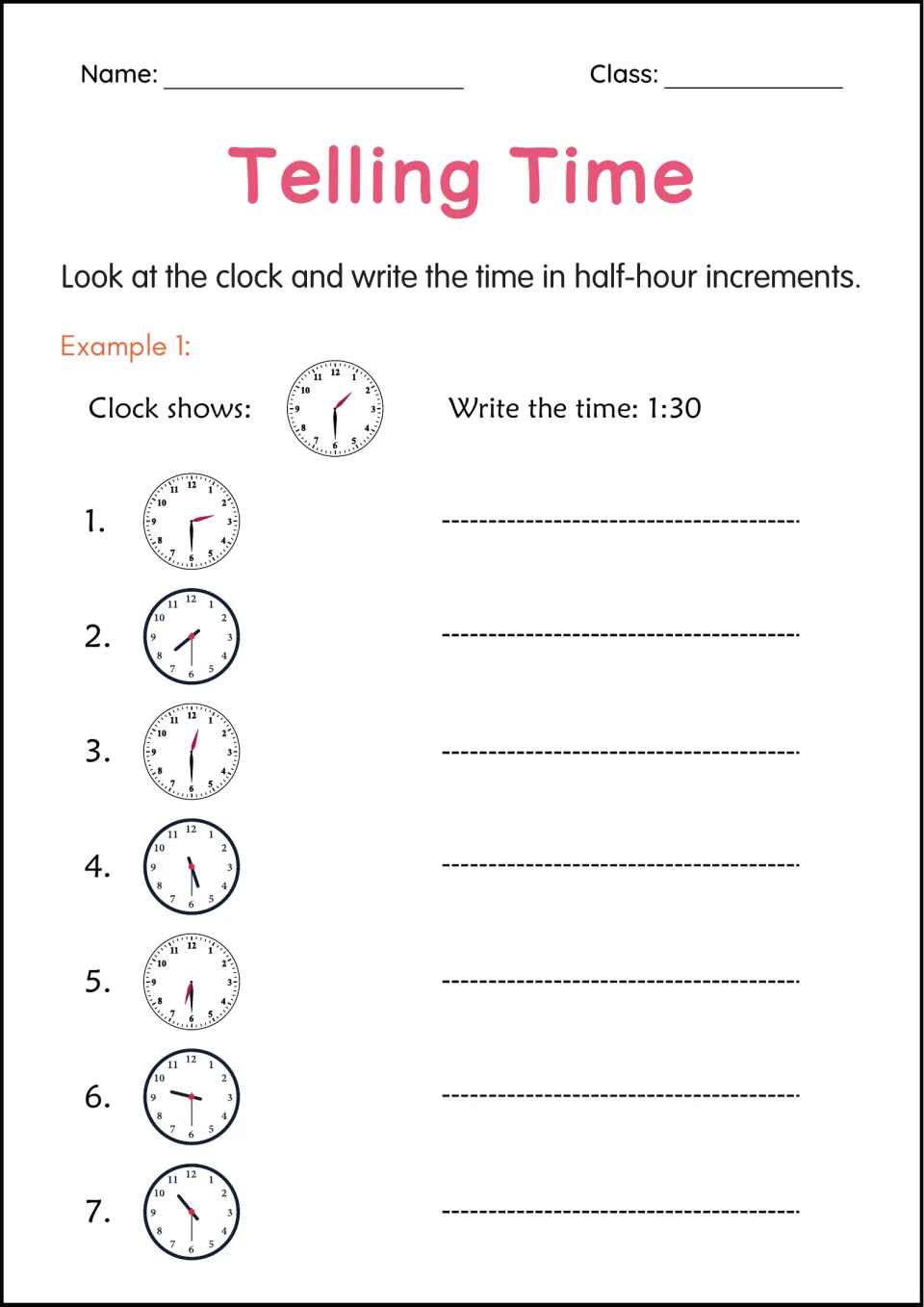 Telling time to the half hour: students read 7 analog clocks and write each time, with 1:30 as the worked example