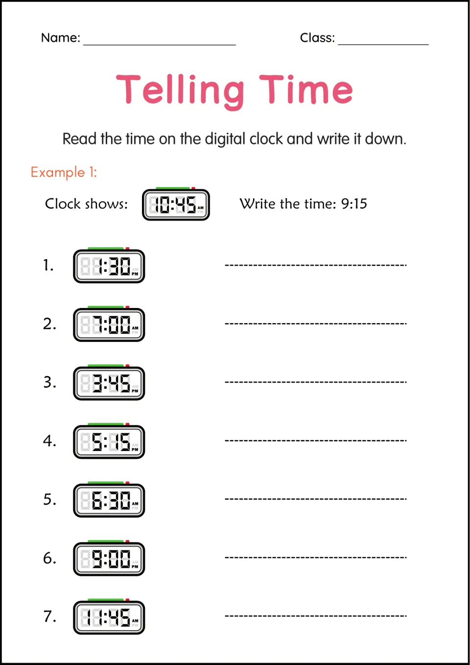 Reading digital clocks: students copy the time shown on 7 digital clocks, such as 1:30 PM, 7:00 AM and 11:45 AM