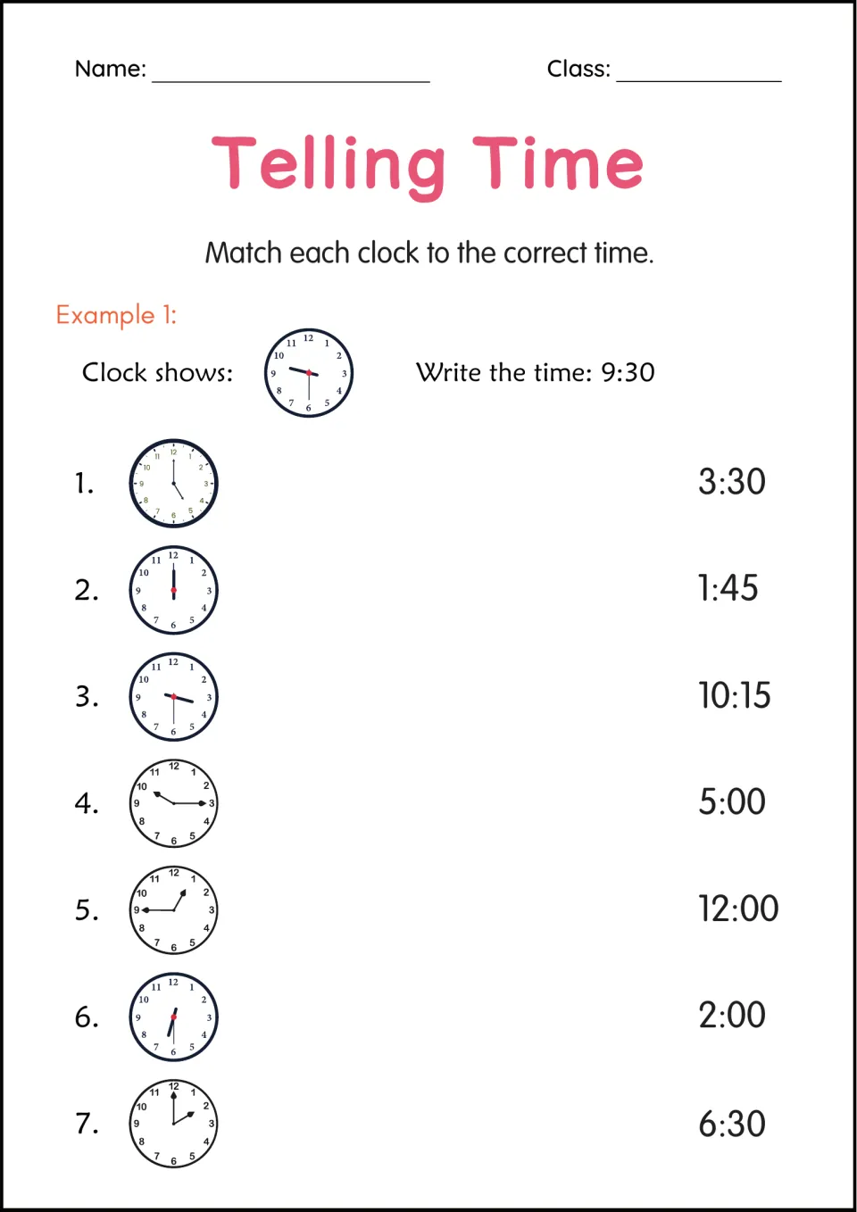 Matching clocks to times: students match 7 analog clocks to a list of times such as 3:30, 1:45, 10:15 and 12:00
