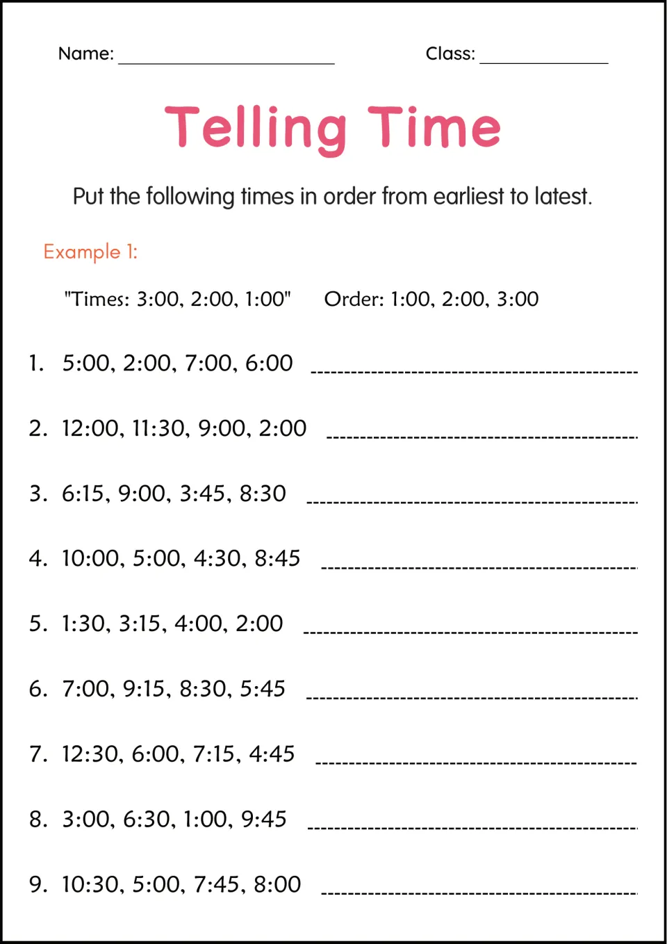 Ordering times: students put 9 sets of four times, such as 5:00, 2:00, 7:00, 6:00, in order from earliest to latest