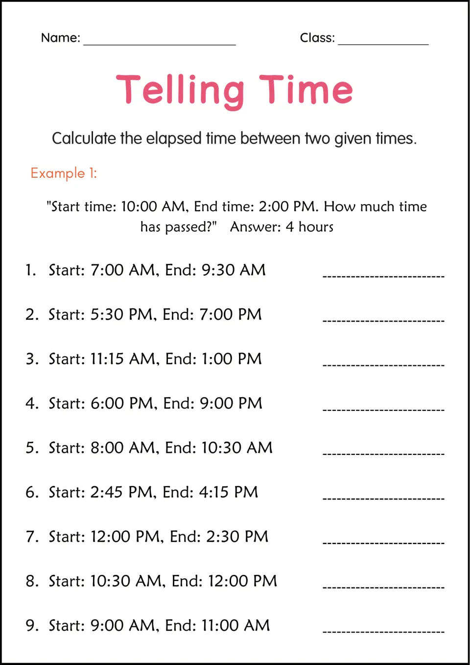 Elapsed time: students find how much time passes between 9 start and end times, such as 7:00 AM to 9:30 AM
