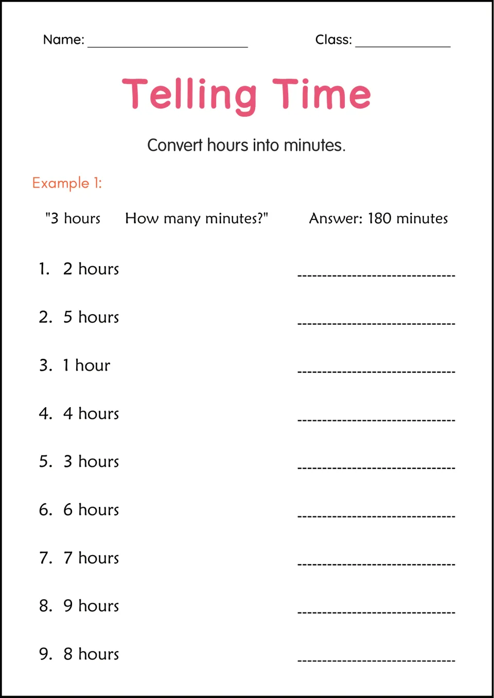 Converting hours to minutes: students change 1 to 9 hours into minutes, with 3 hours = 180 minutes as the example