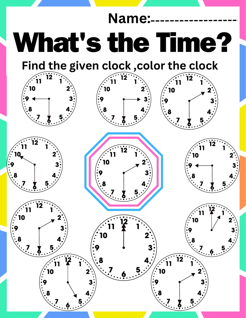 Telling time to the half hour: students scan 10 analog clocks and color the 3 that match the 2:30 shown in the center