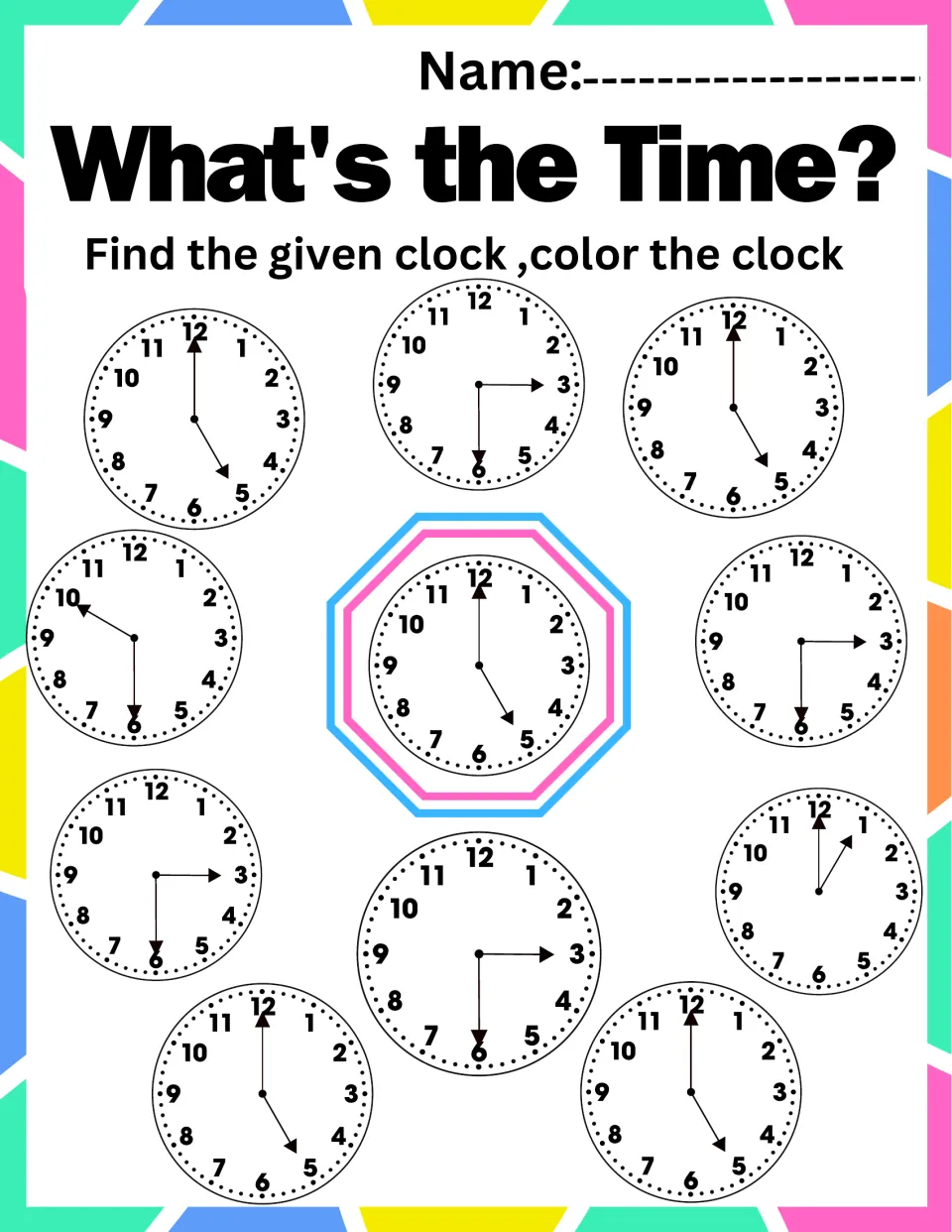Telling time to the hour: students look for 5:00 from the center clock and color the 4 analog clocks showing the same time