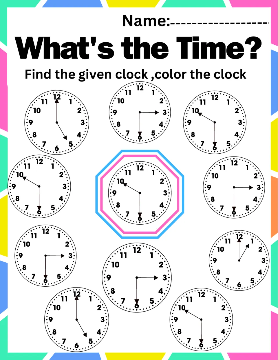 What's the Time? half-hour search: students color the 3 clocks showing 10:30 to match the given clock in the middle