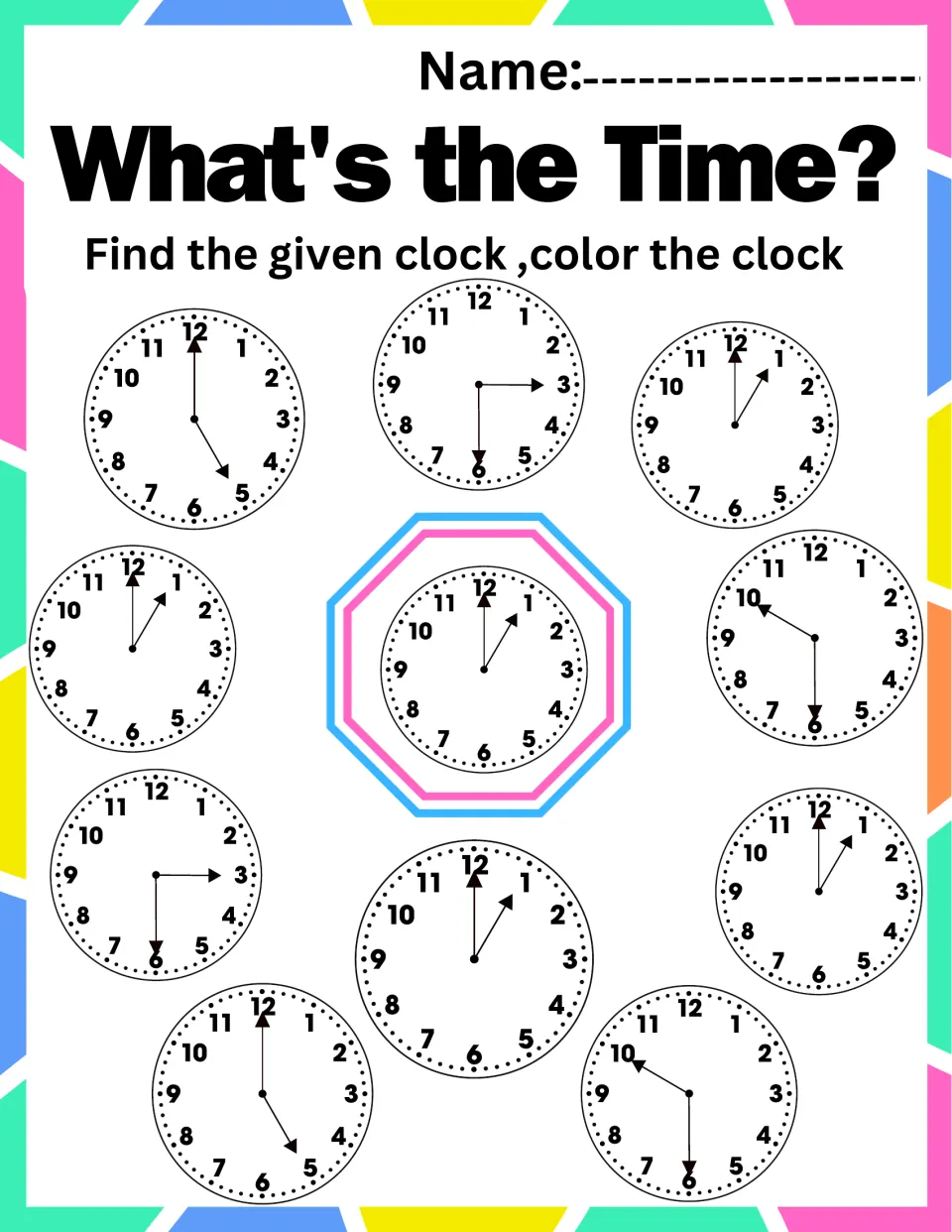 Reading clocks to the hour: students find 1:00 on the center clock, then color the 4 other analog clocks set to 1 o'clock