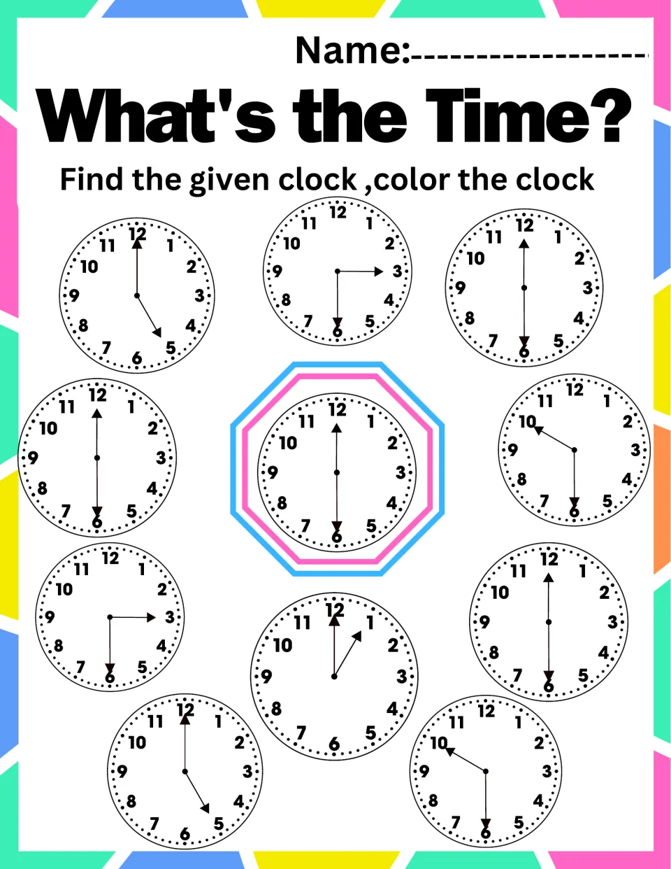 Clock matching with hands on 12 and 6: students find the center time, 6:00, and color the 3 analog clocks that show it