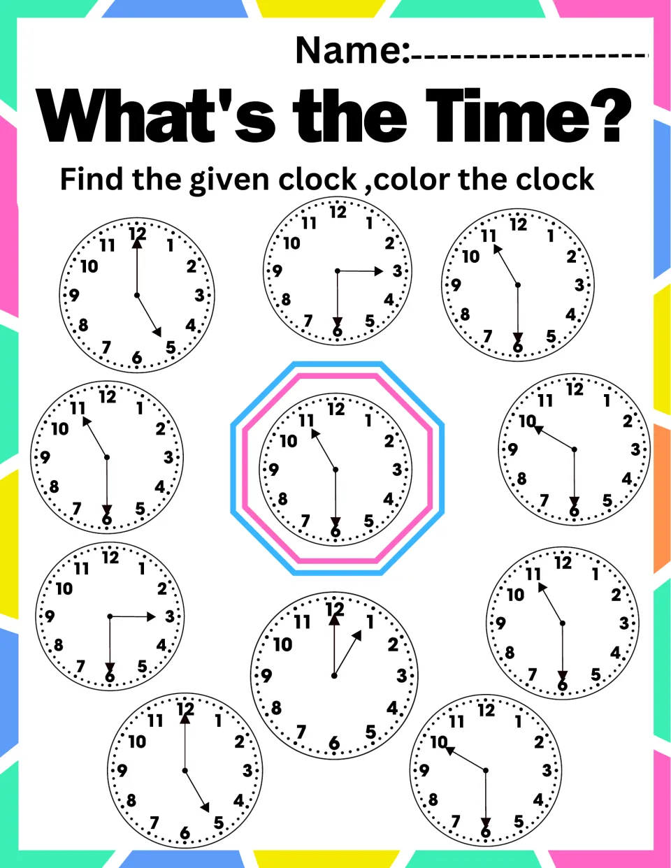 Half-past time matching: students find 11:30 from the given center clock and color the 3 analog clocks that match it