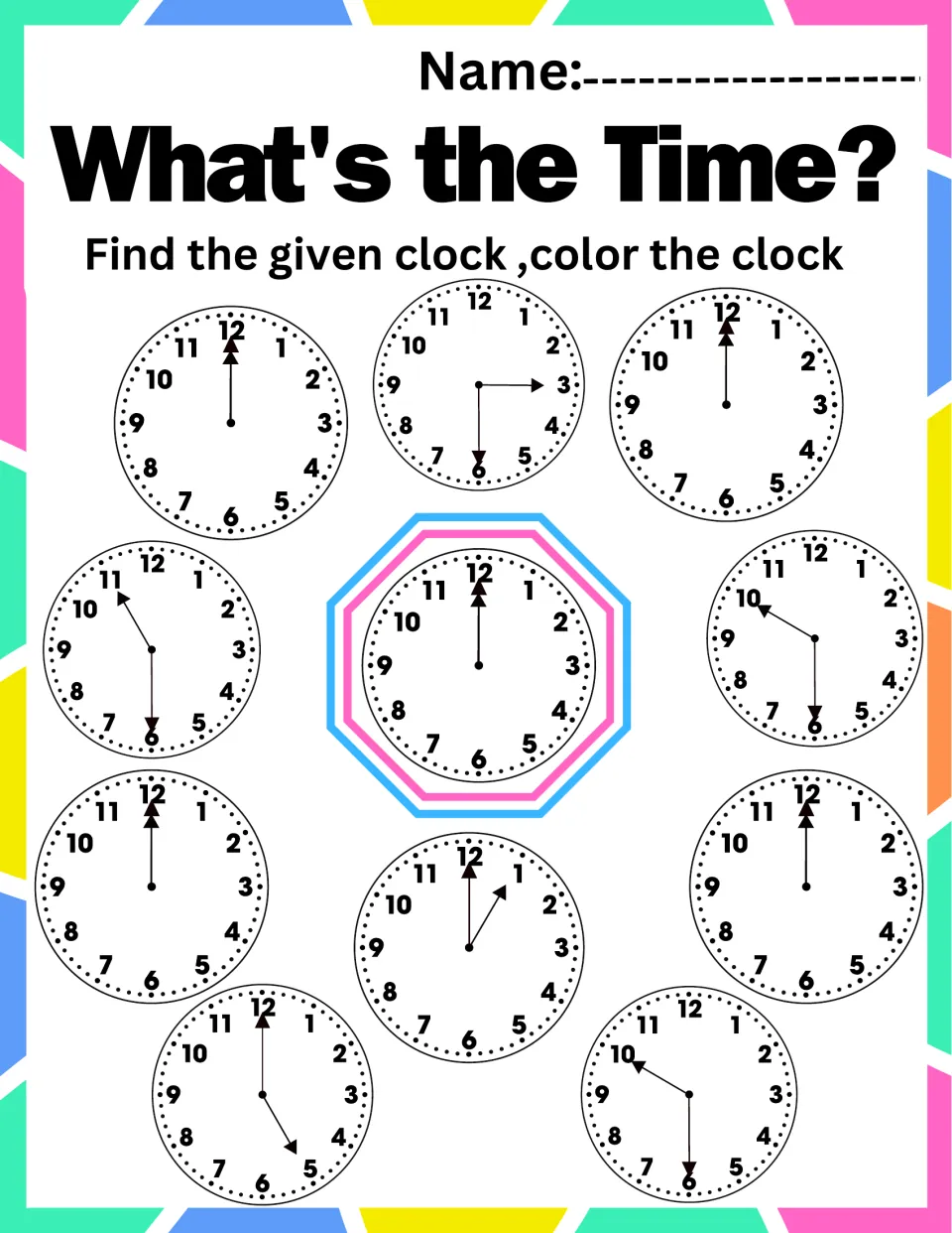 Telling time at 12:00: students compare 10 analog clocks and color the 4 that match the center clock's hands on 12