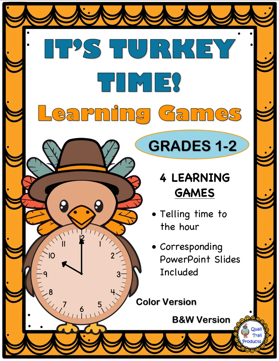 It's Turkey Time! Learning Games cover: 4 games for telling time to the hour, with PowerPoint slides, color and B&W