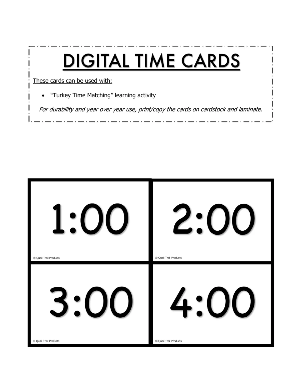 Digital time cards for Turkey Time Matching: printable cards reading 1:00, 2:00, 3:00 and 4:00 to cut apart and laminate