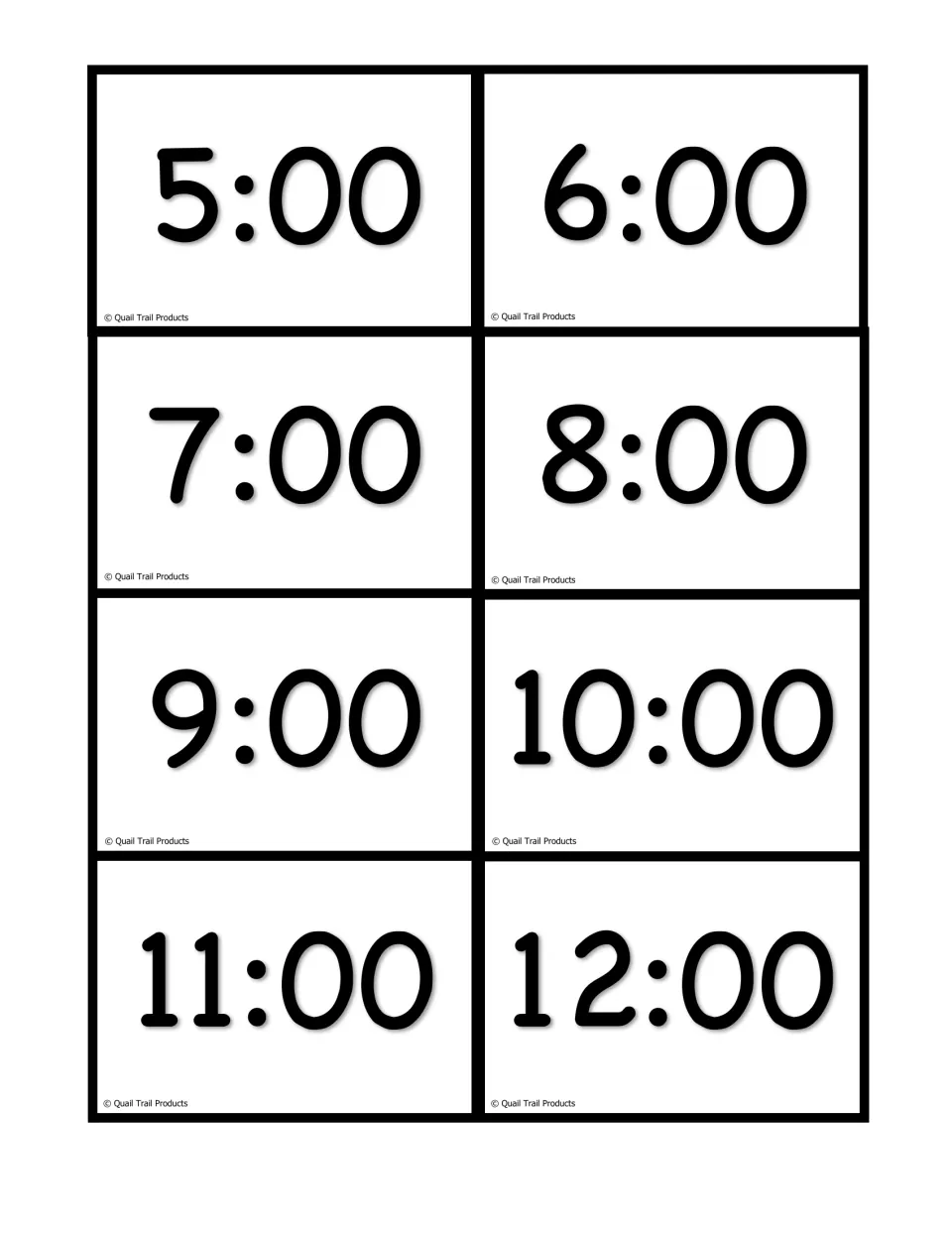 Digital time cards continued: hour times 5:00 through 12:00 for students to match with analog turkey clocks
