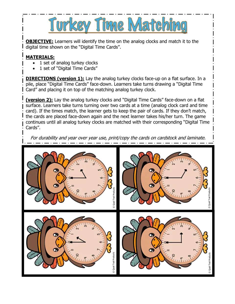 Turkey Time Matching directions: students match analog turkey clocks to digital time cards, as a draw game or memory game