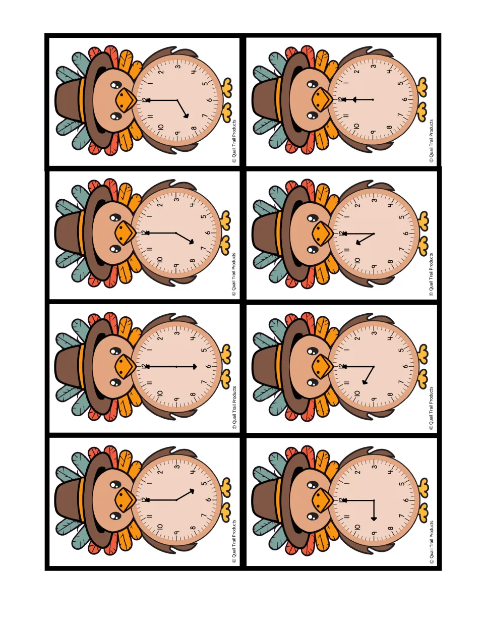 Analog turkey clock cards: eight turkey cards, each clock face showing a different time to the hour for students to read