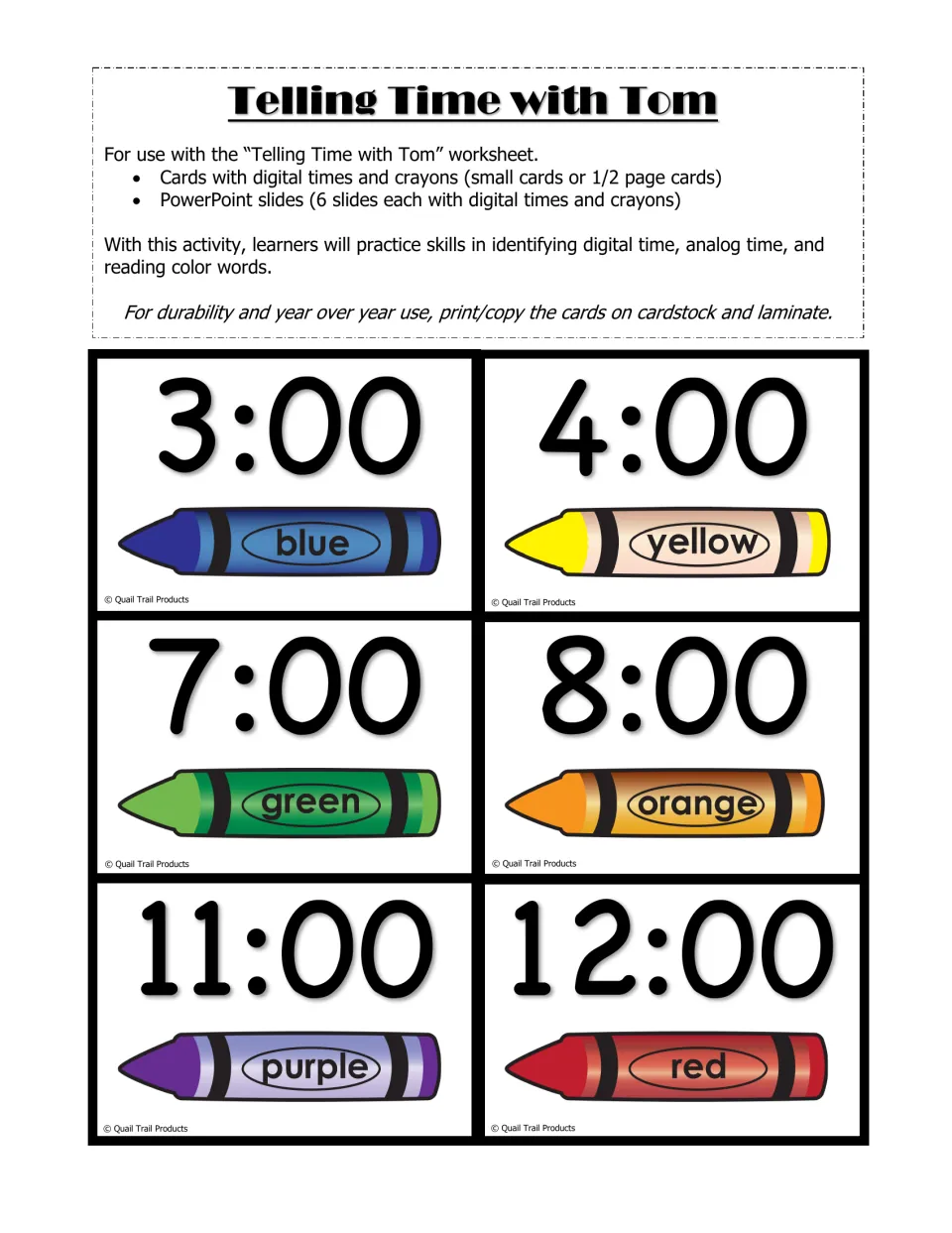 Telling Time with Tom cards: digital times 3:00 to 12:00 each paired with a labeled crayon color word like blue or red