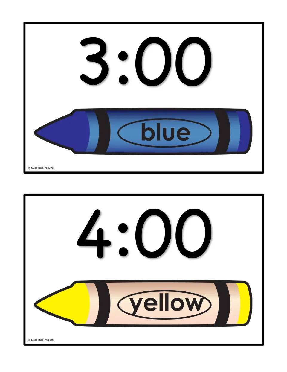 Half-page time and color cards: 3:00 with a blue crayon and 4:00 with a yellow crayon for reading time and color words