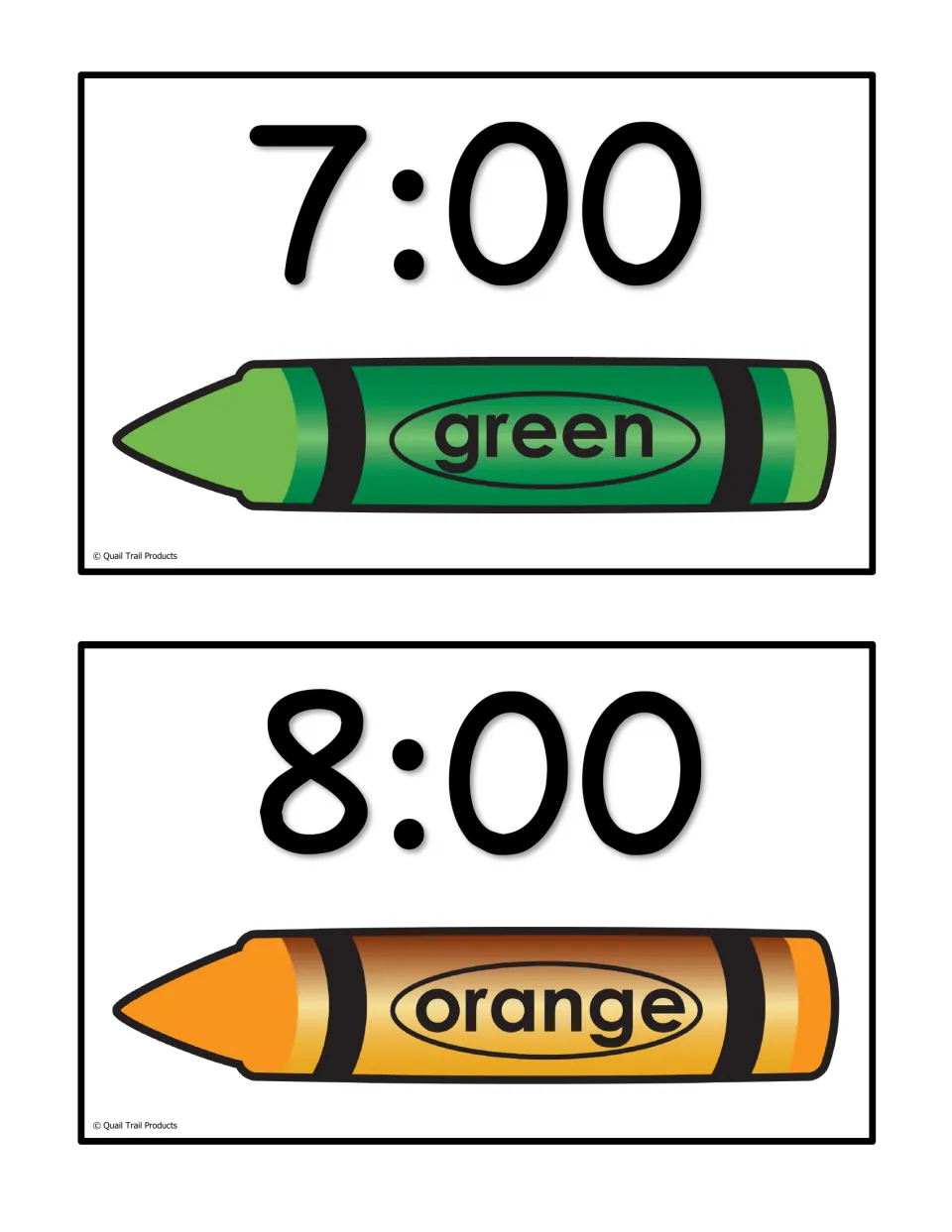 Half-page time and color cards: 7:00 shown with a green crayon and 8:00 shown with an orange crayon labeled by color word