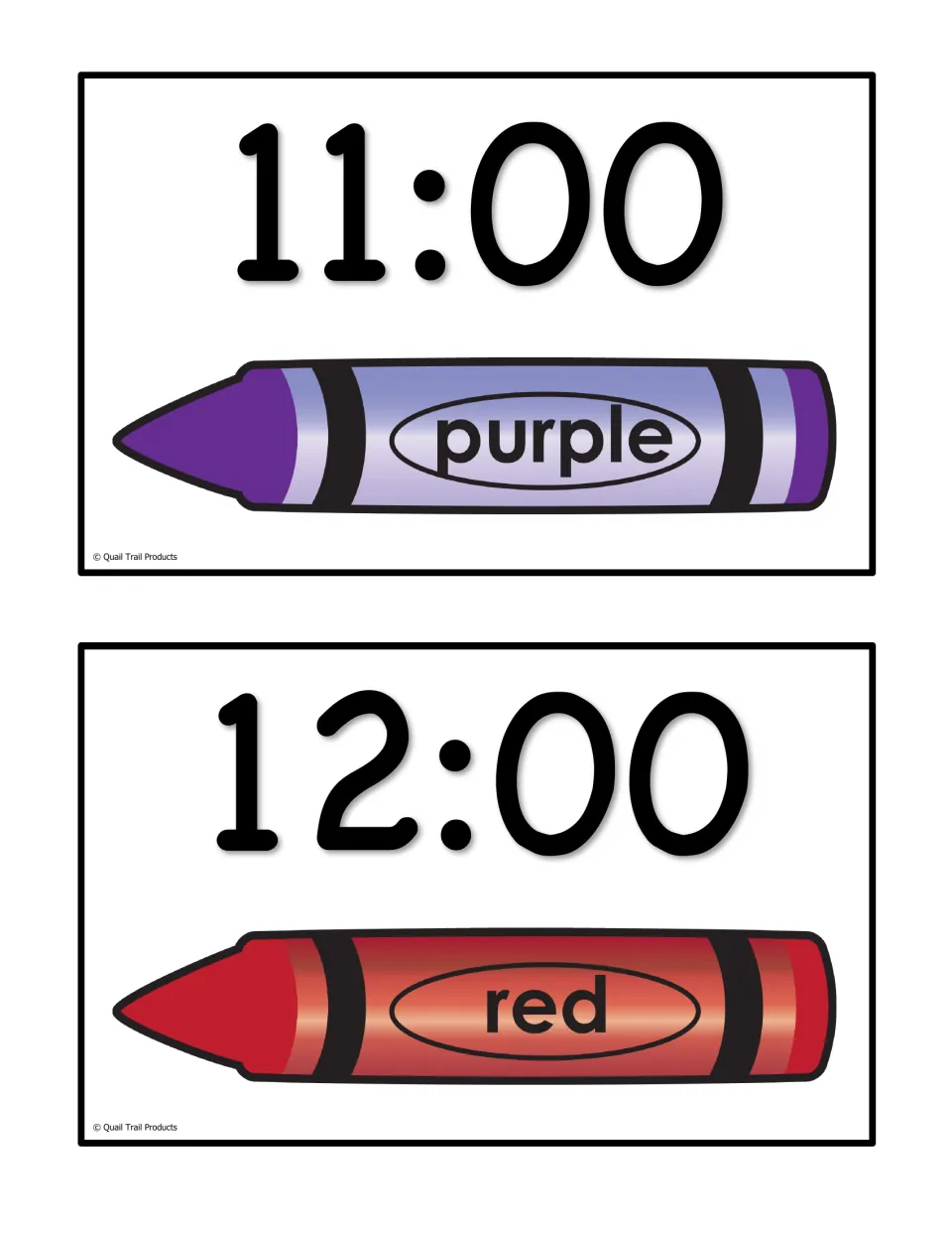 Half-page time and color cards: 11:00 paired with a purple crayon and 12:00 paired with a red crayon, each word labeled