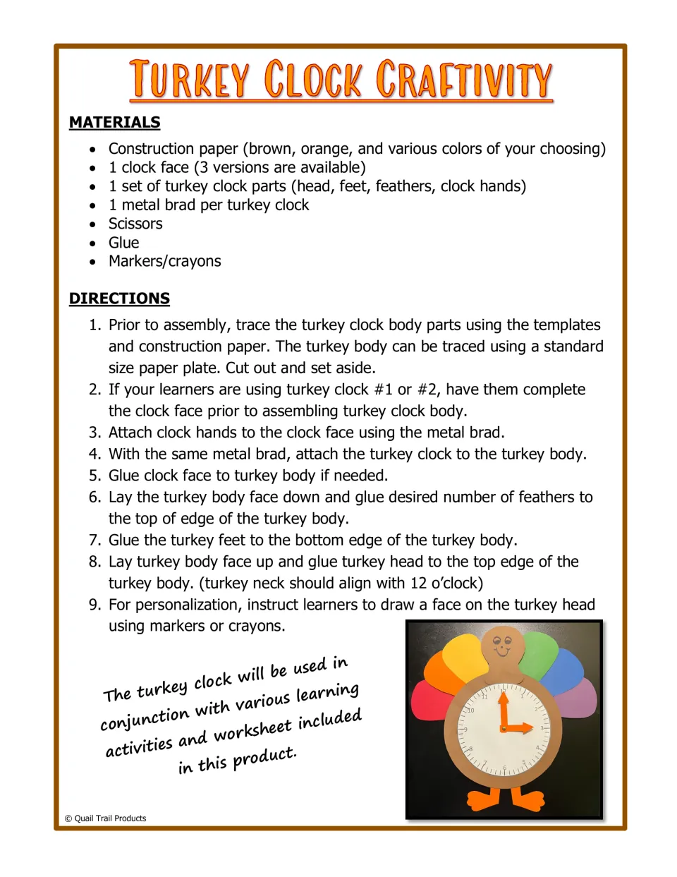Turkey Clock Craftivity directions: materials list and 9 steps for building a paper turkey clock with a brad, plus a photo