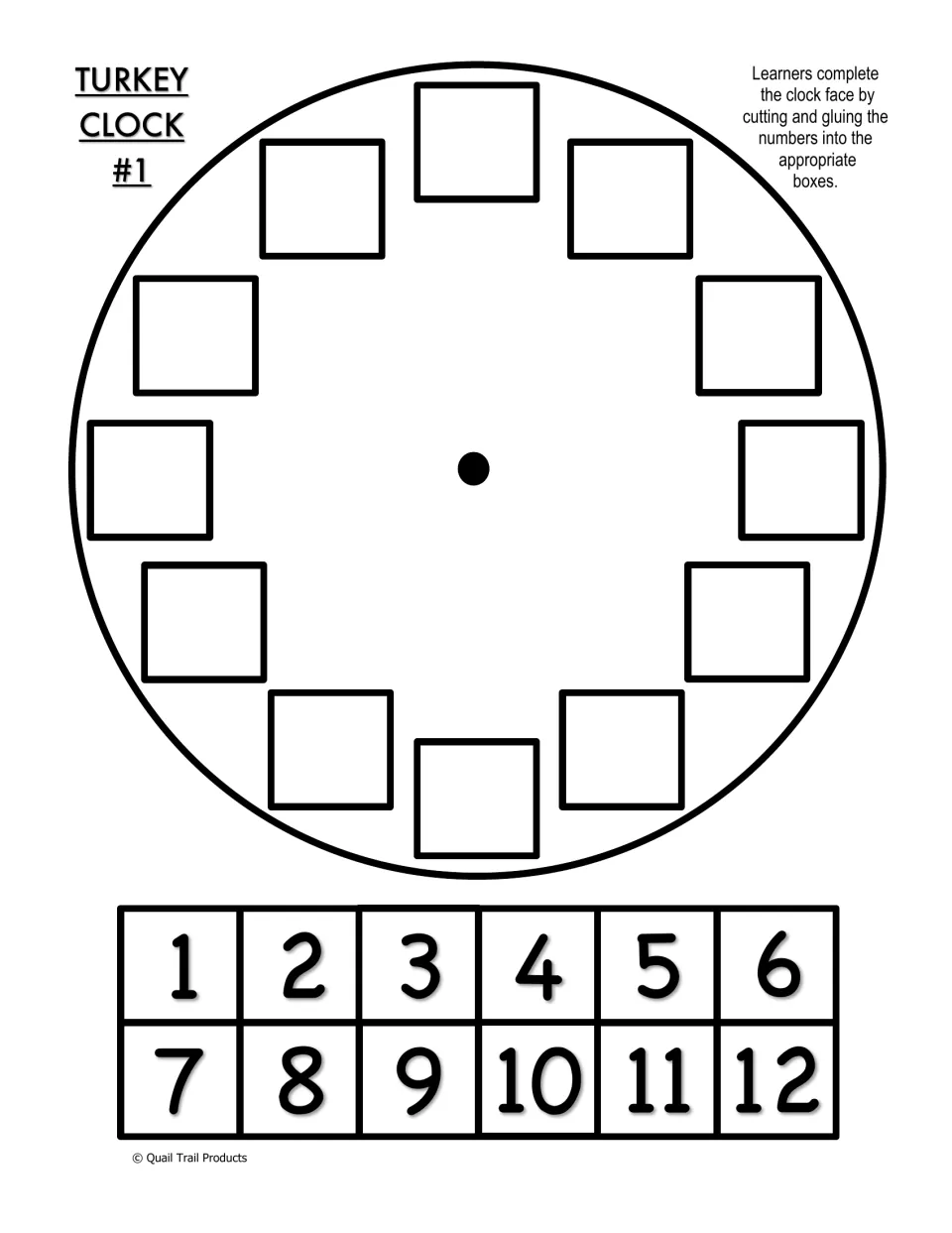 Turkey Clock #1: students cut out number tiles 1 to 12 and glue each in place to build the clock face in order