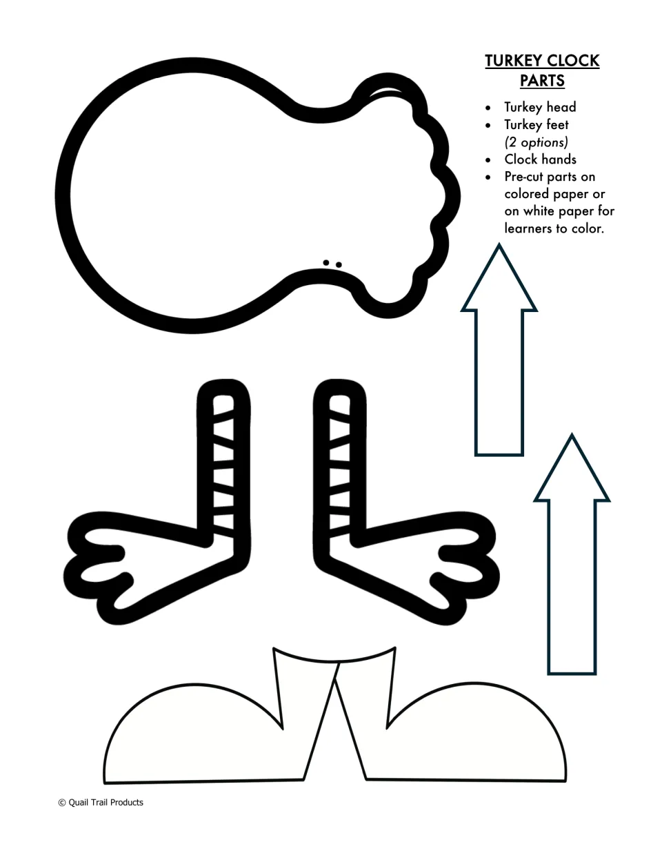 Turkey clock parts cut-out pieces: outline templates of a turkey head, two styles of feet and two arrow-shaped clock hands