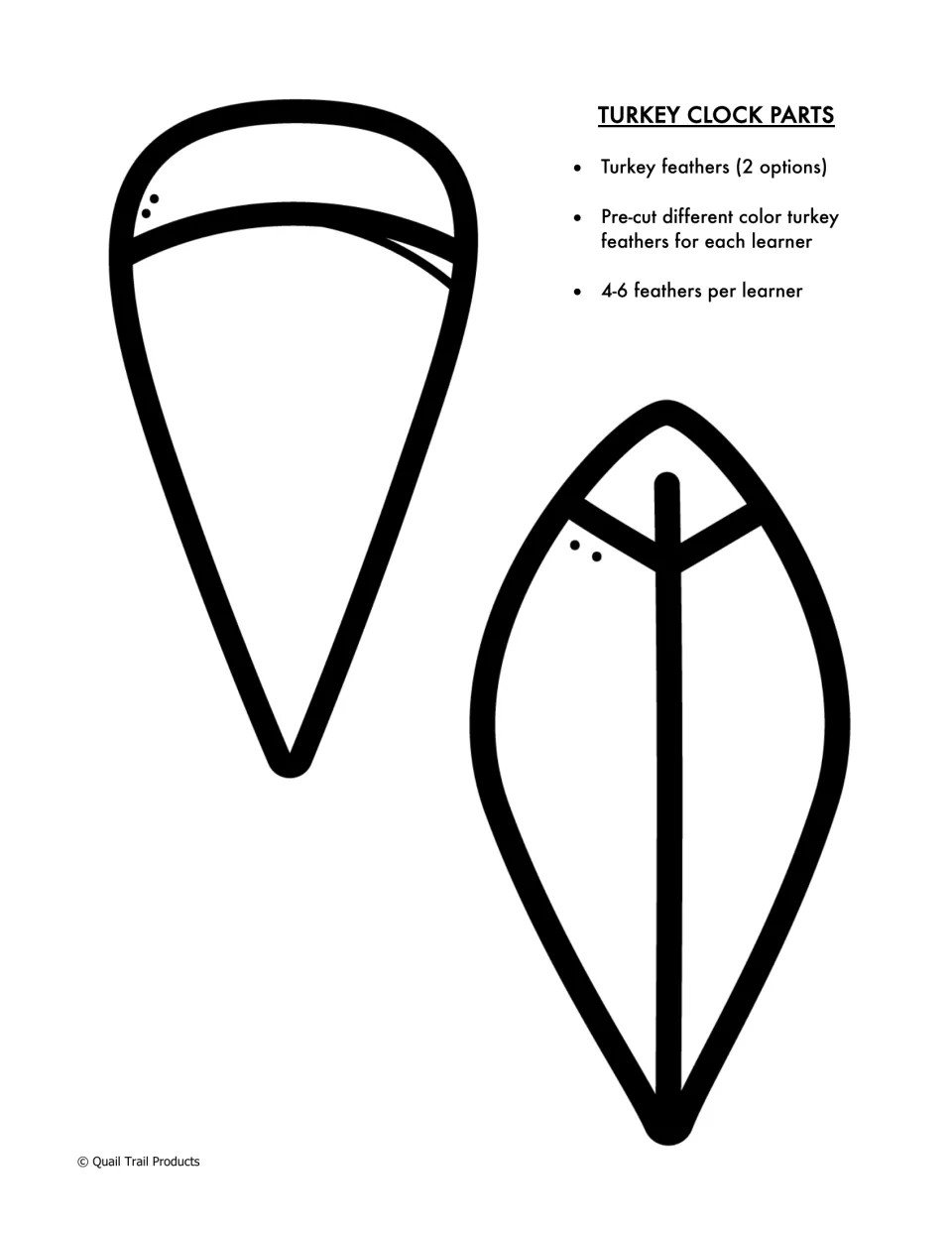 Turkey clock feather cut-out pieces: two feather templates to cut from colored paper, with 4 to 6 feathers per learner