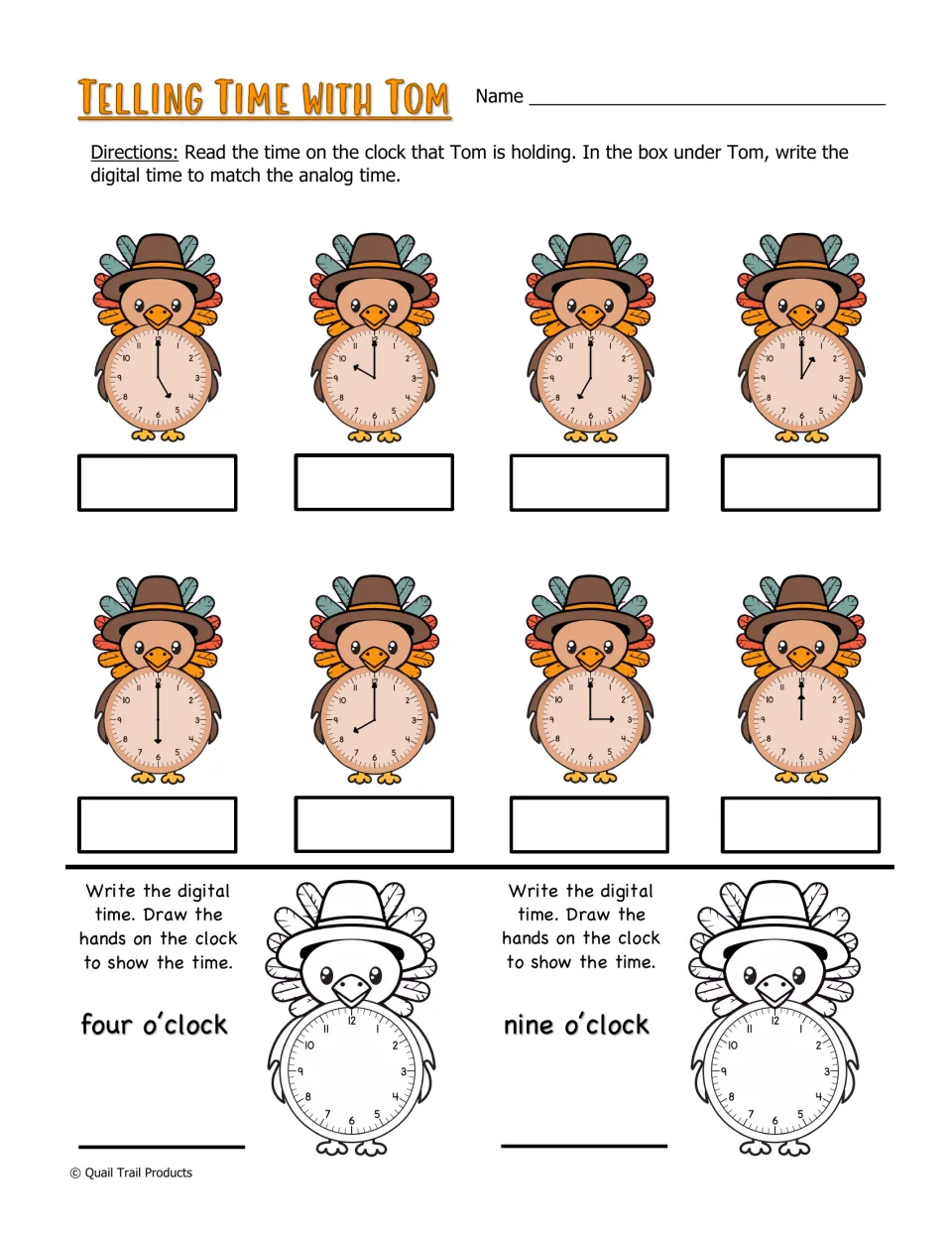 Telling Time with Tom: students read 8 analog clocks to the hour and write the digital time, then draw hands for 4 and 9