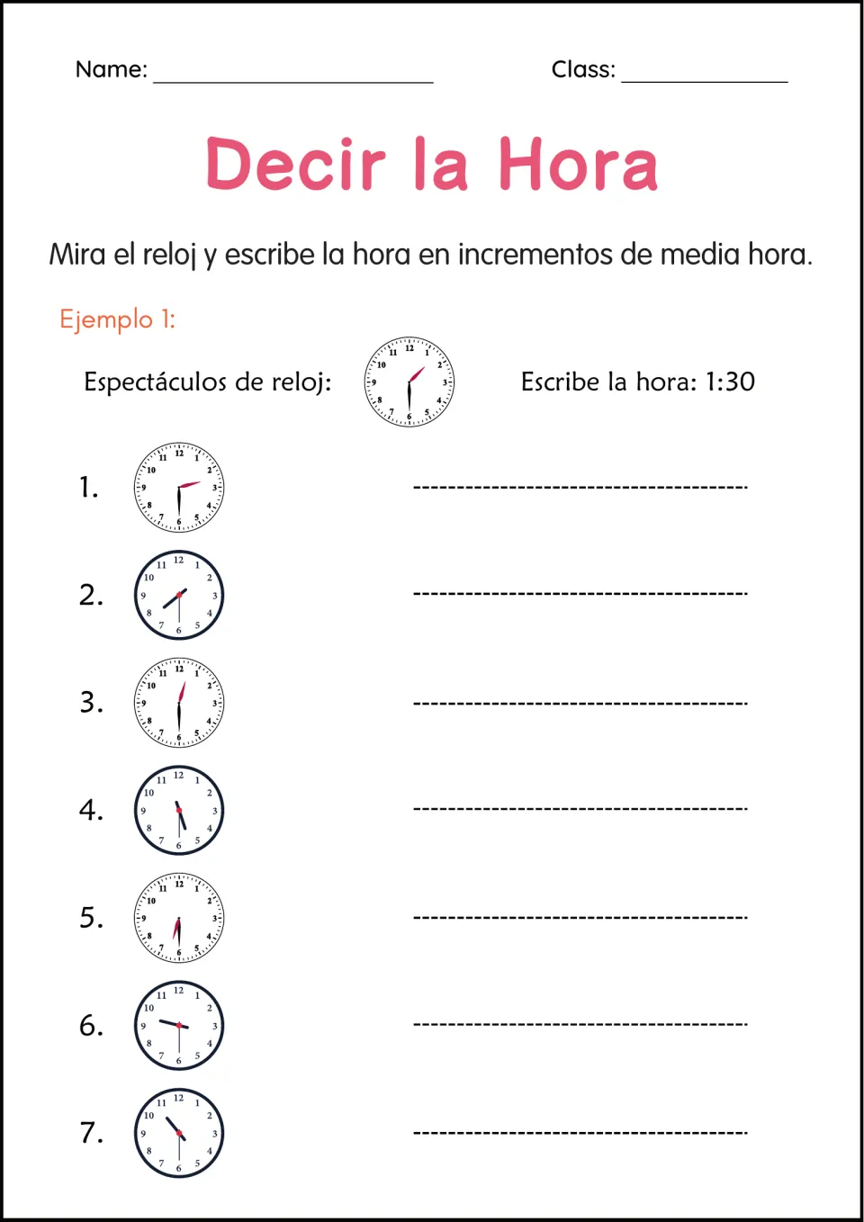 Half-hour clock reading in Spanish: students write the time shown on 7 analog clocks, following a 1:30 example