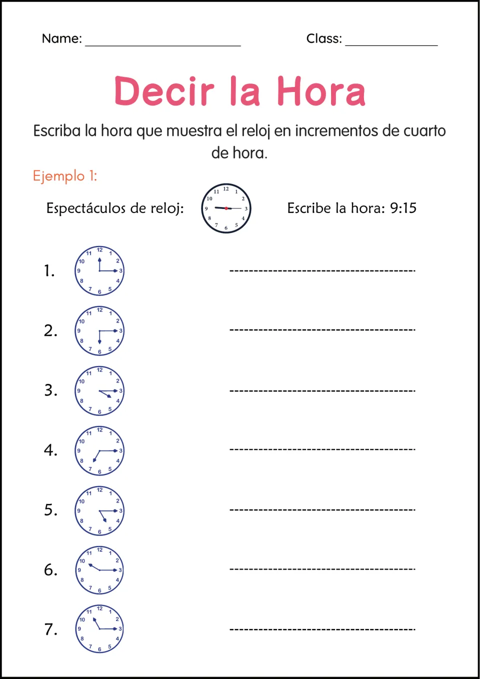 Quarter past the hour: students write the time on 7 analog clocks, each set to quarter past, after a 9:15 example
